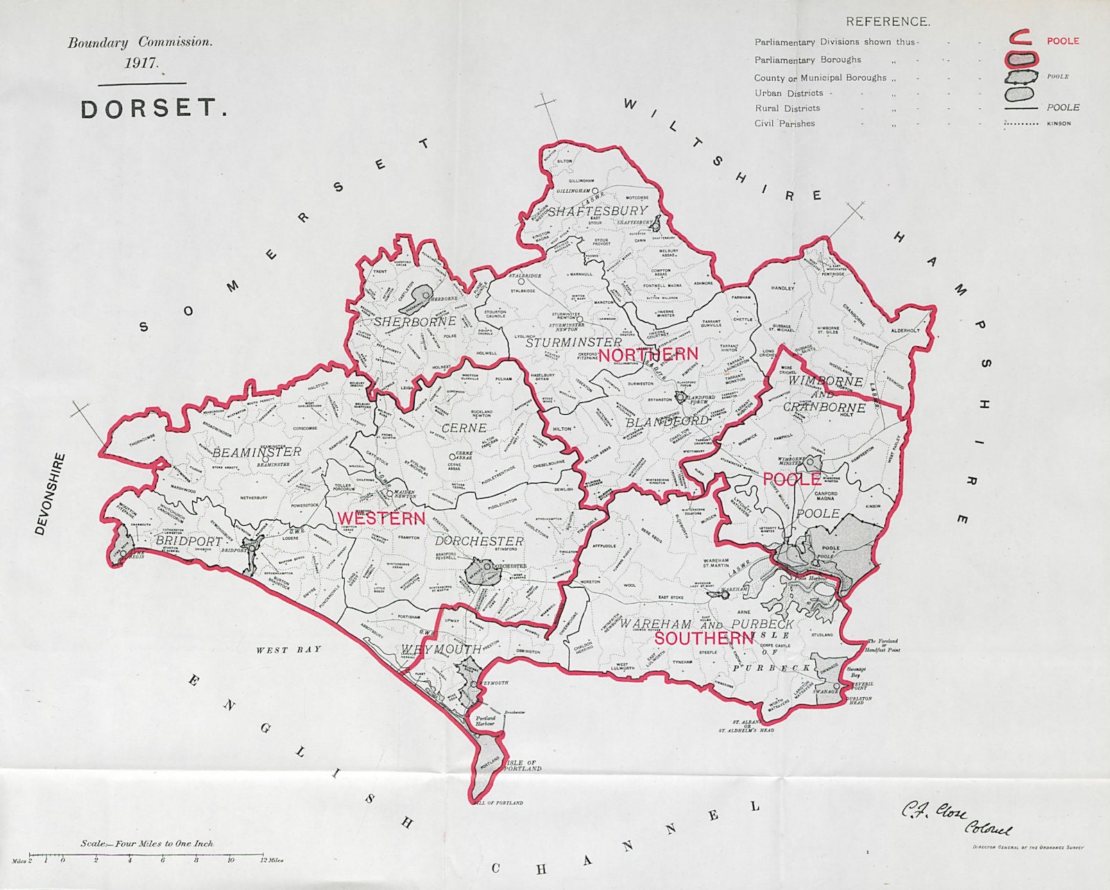 Dorset Parliamentary County. BOUNDARY COMMISSION. Close 1917 old antique map